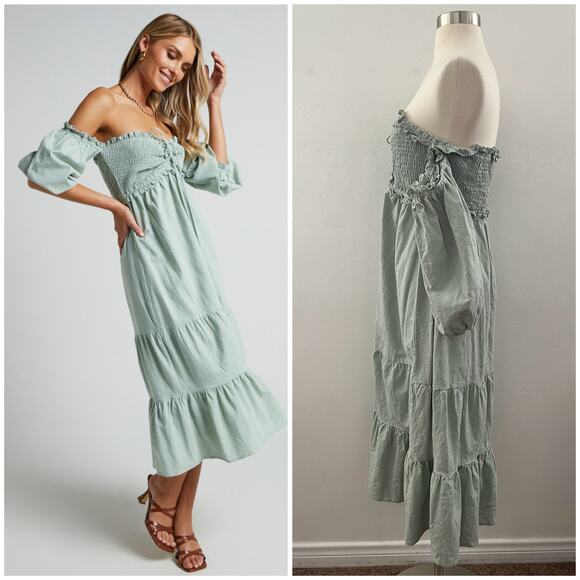Showpo Nikka Shirred Off The Shoulder Puff Sleeve Midi Dress in Sage Size 10 - Picture 6 of 10